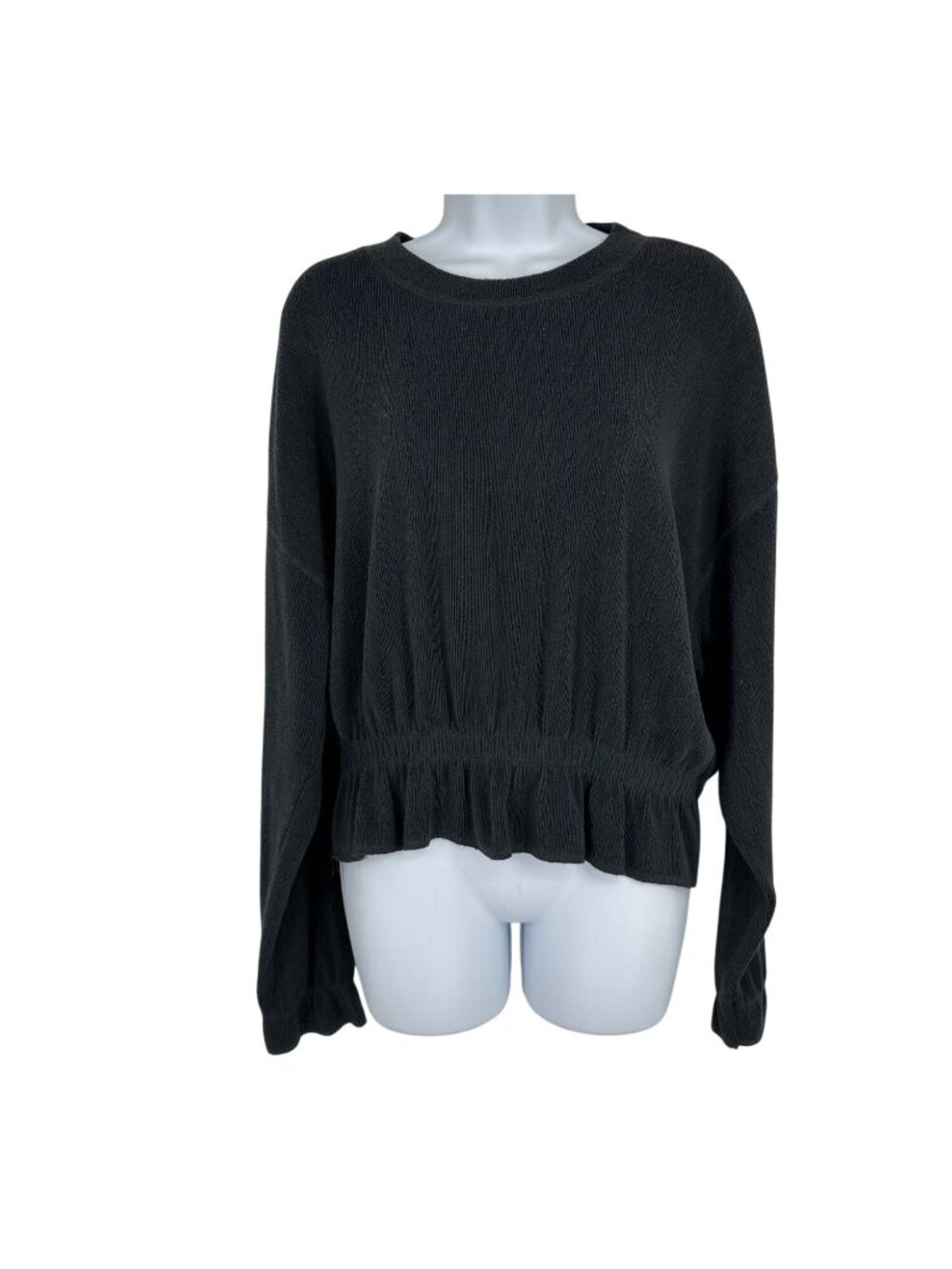 Zara Basic Black Textured Knit Long Sleeve Top With Ruffle Hem Women's M